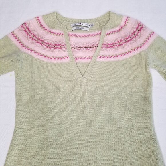 Y2K Tommy Hilfiger Nordic Fair Isle V Neck Sweater Green Pink Small Angora - Picture 3 of 10